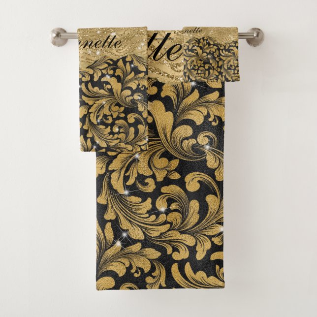 Chic Floral glitterte Imitate Black Gold Monogram Badhandtuch Set (Insitu)