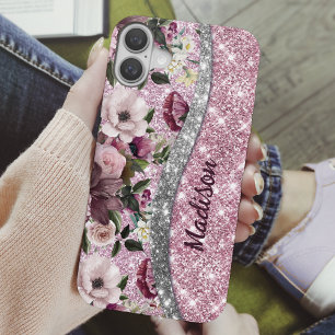 Chic floral glitterte Lila rosa silberne Monogramm iPhone 16 Hülle