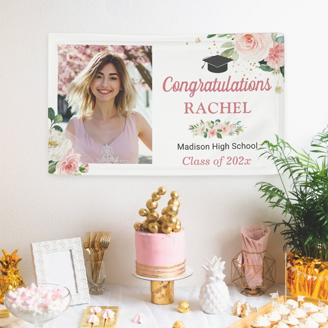 Chic Floral Gold Abschluss Celebration Foto Banner (Von Creator hochgeladen)