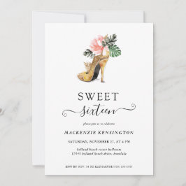 Chic Floral Gold Heelse Sweet 16 Birthday Einladung