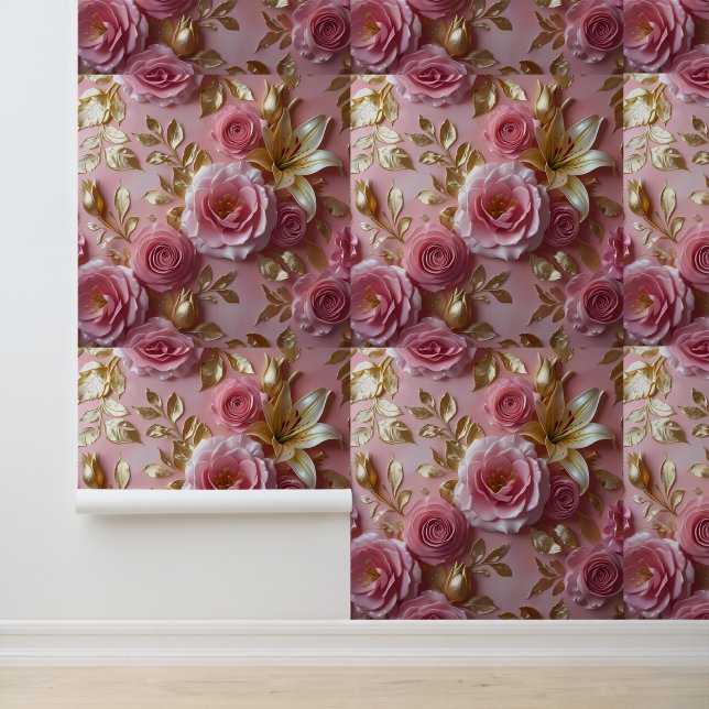 Chic Floral Gold Peel and Stick Tapete (Anwendung)