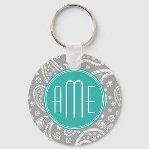 Chic Floral Gray Paisley Pattern & Blue Monogram Schlüsselanhänger