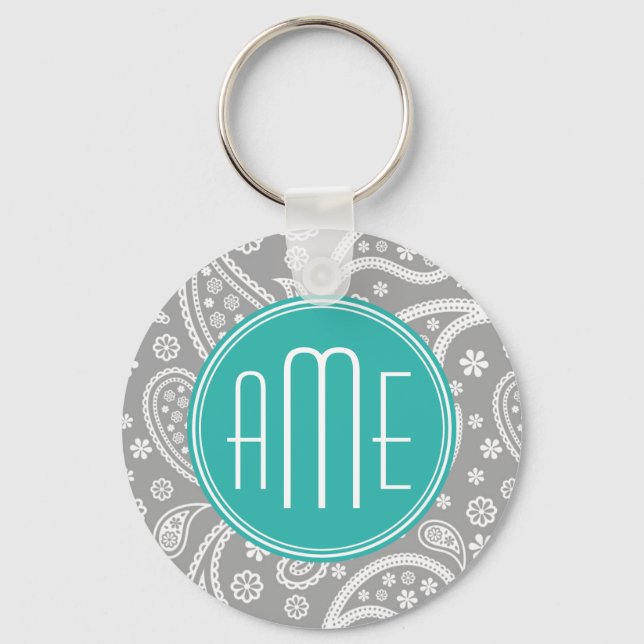 Chic Floral Gray Paisley Pattern & Blue Monogram Schlüsselanhänger (Vorderseite)