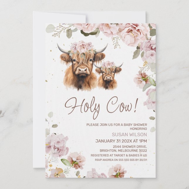 Chic Floral Heilige Kuh Hochland Kuh Baby Dusche Einladung (Vorderseite)
