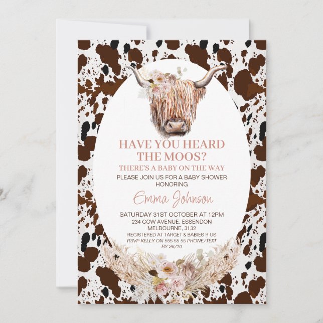 Chic Floral Highland Kuh Cowhide Babydusche Einladung (Vorderseite)