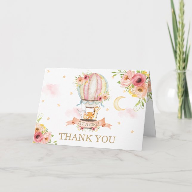 Chic Floral Hot Air Ballon Tiere Baby Dusche Dankeskarte (Vorderseite)