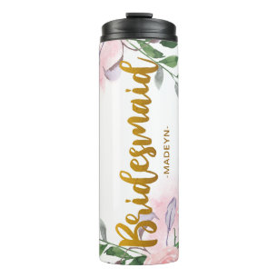 Chic Floral Imitats Gold Bridesmaid Script und Nam Thermosbecher