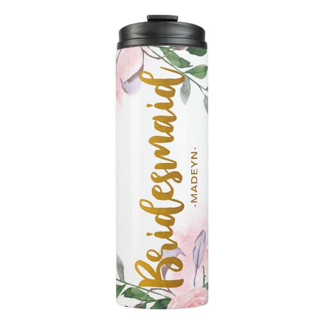 Chic Floral Imitats Gold Bridesmaid Script und Nam Thermosbecher (Vorderseite)