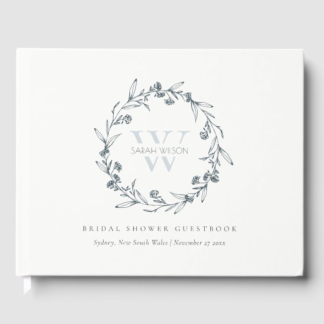 Chic Floral Laurel Wreath Monogram Brautparty Gästebuch (Vorderseite)