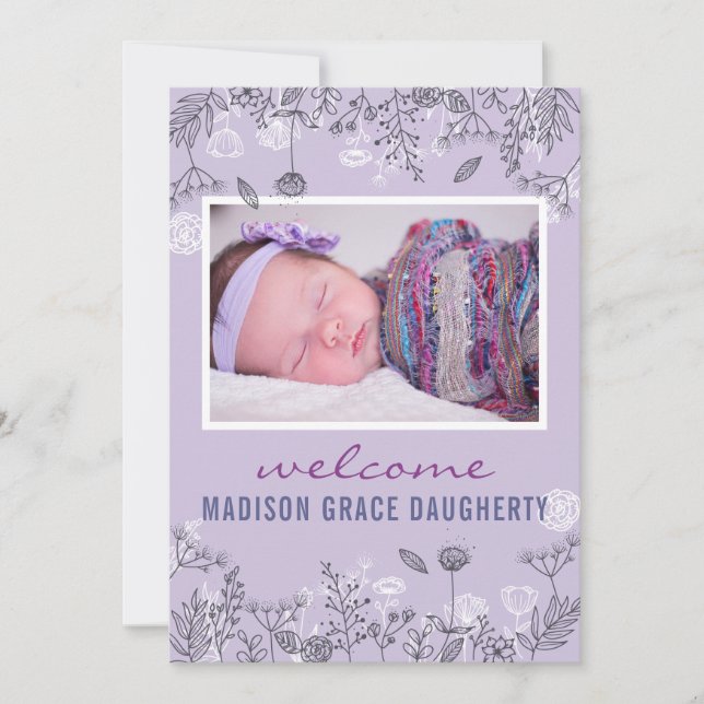 Chic Floral Lila Birth Announcement Card (Vorderseite)