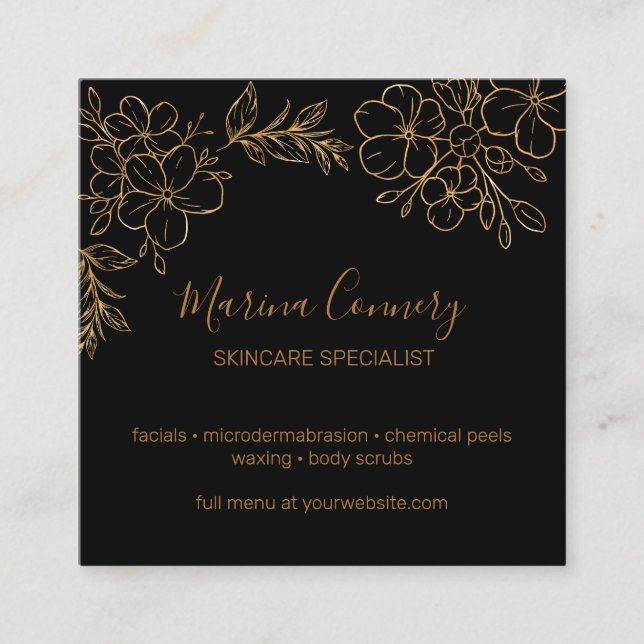 Chic Floral Line Zeichn Black and Gold Quadratische Visitenkarte (Vorderseite)