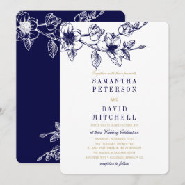 Chic Floral Magnolia Branch Navy Blue GOLD Hochzei Einladung
