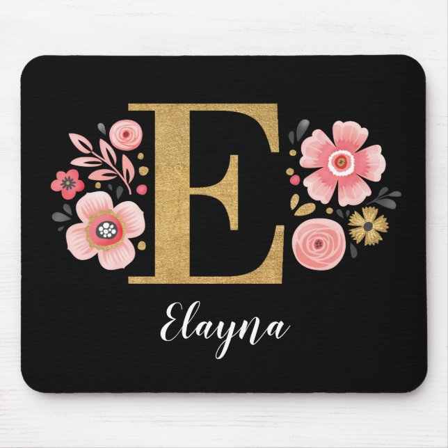 Chic Floral Monogram Erstmaliger rosa Goldener Let Mousepad (Vorne)