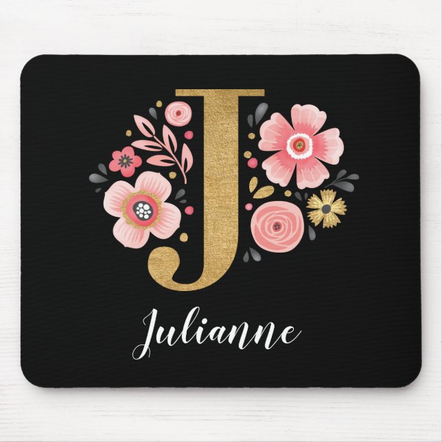 Chic Floral Monogram Initial Pink Gold Letter J Mousepad (Vorne)