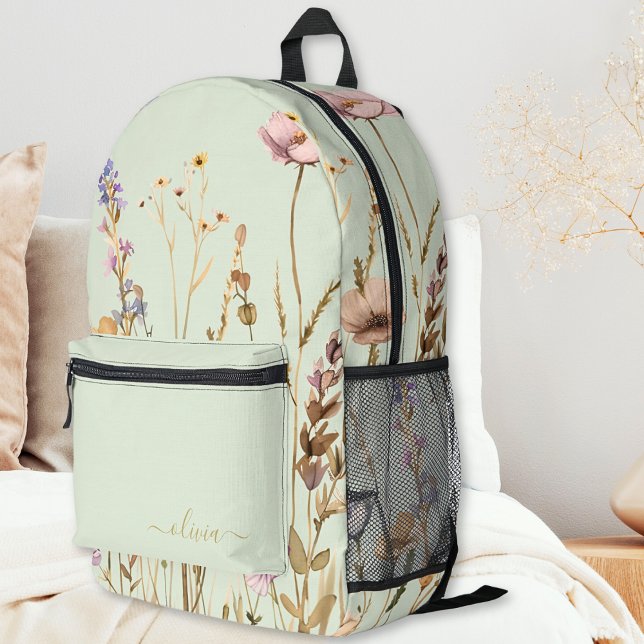 Chic Floral Muster Custom Sage Green Gold Script Bedruckter Rucksack (Von Creator hochgeladen)