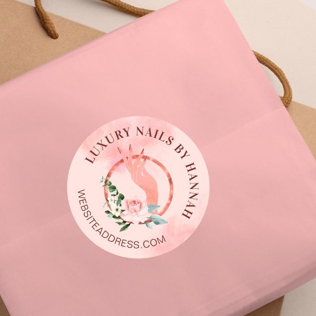 Chic Floral Nail Manicure Hand Nail Salon Logo Runder Aufkleber (Von Creator hochgeladen)