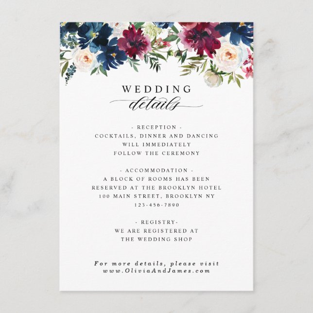 Chic Floral Navy Blue Burgundy Red Wedding Details Begleitkarte (Vorderseite)