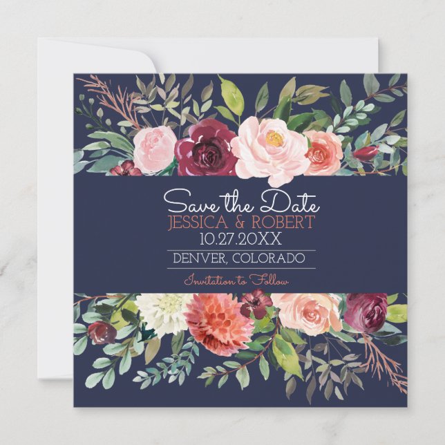 Chic Floral Navy Blue Save the Date Card (Vorderseite)