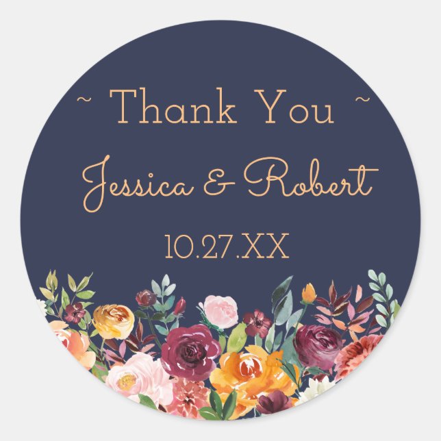 Chic Floral Navy Merci bleu Favoriser Sticker (Devant)