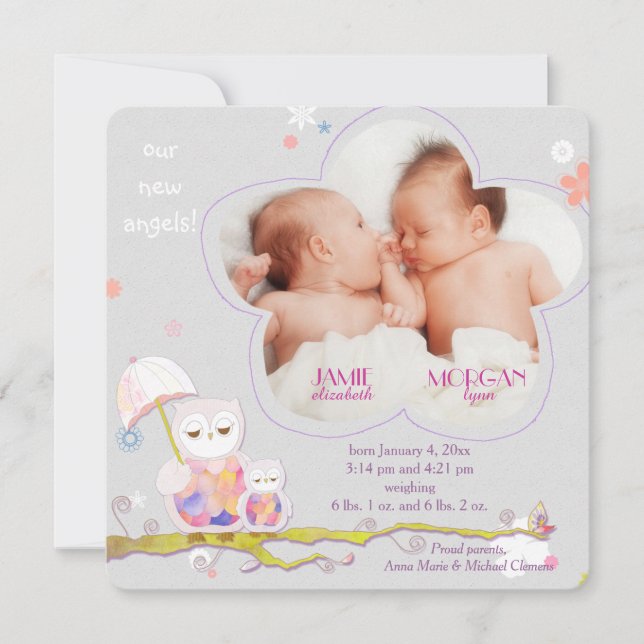 Chic Floral Owls Twins Foto Birth Ankündigung (Vorderseite)