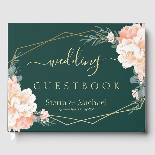 Chic Floral Peach Cream Gold Smaragdgrüne Hochzeit Gästebuch (Vorderseite)