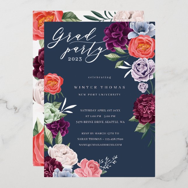 Chic Floral Peonies Rose Blüten Graduation Party Folieneinladung (Vorderseite/Rückseite)