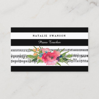 Chic Floral Piano Teacher Moderne Musikszene Visitenkarte