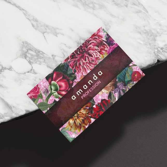 Chic floral pink Burgund lila Glitzer Monogramm Magnetische Visitenkarte (Von Creator hochgeladen)