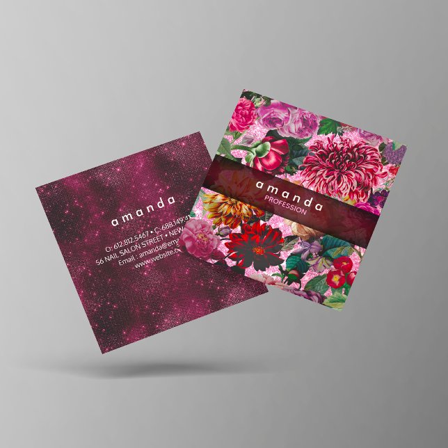 Chic floral pink Burgund lila Glitzer Monogramm Quadratische Visitenkarte (Von Creator hochgeladen)