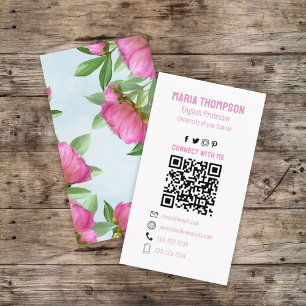 Chic Floral Pink Peony Beruflich QR Code Visitenkarte