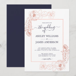 Chic Floral Pink Rose Gold Dark Blue Wedding Einladung