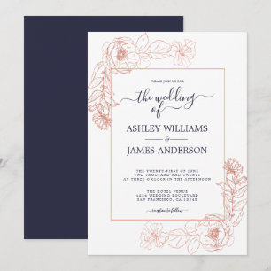 Chic Floral Pink Rose Gold Dark Blue Wedding Einladung