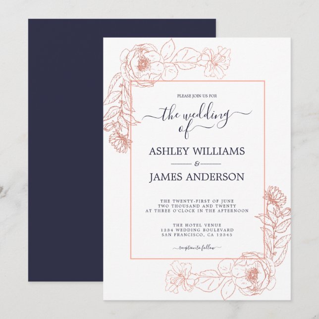 Chic Floral Pink Rose Gold Dark Blue Wedding Einladung (Vorne/Hinten)