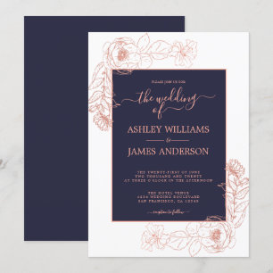 Chic Floral Pink Rose Gold Dark Blue Wedding Einladung