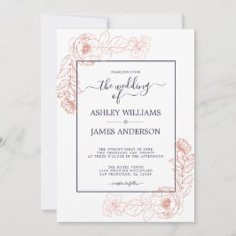 Chic Floral Pink Rose Gold Dark Blue Wedding Einladung