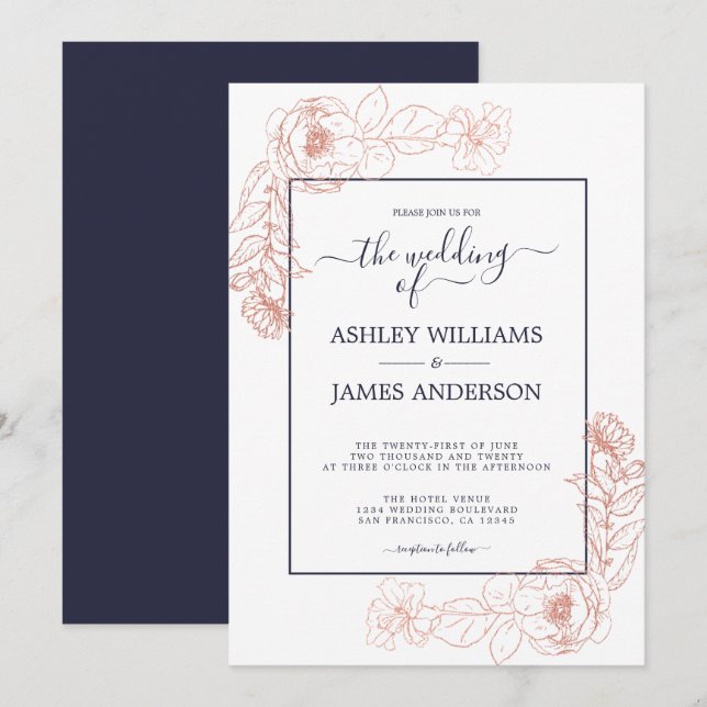 Chic Floral Pink Rose Gold Dark Blue Wedding Einladung (Vorne/Hinten)