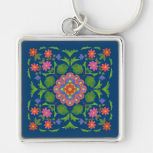 Chic Floral Rangoli auf Deep Blue Square Schlüssel Schlüsselanhänger