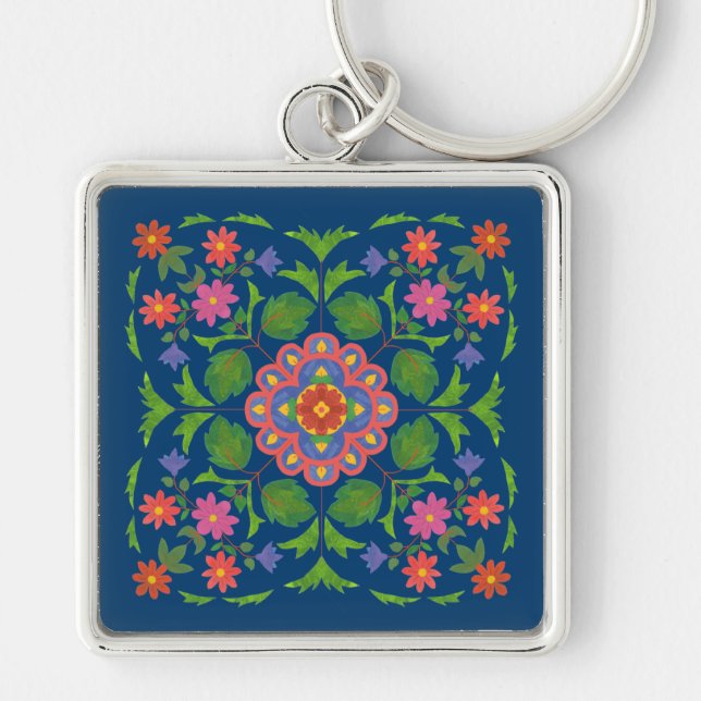 Chic Floral Rangoli auf Deep Blue Square Schlüssel Schlüsselanhänger (Vorne)