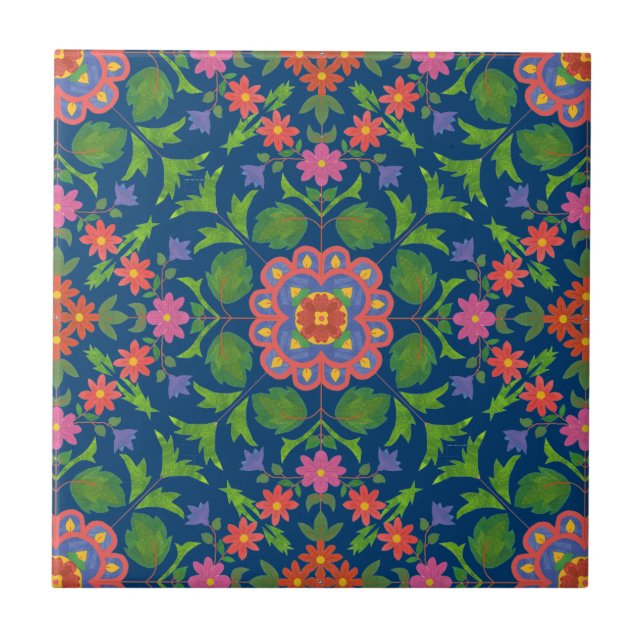 Chic Floral Rangoli Deep Blue Keramik Tile Fliese (Vorderseite)