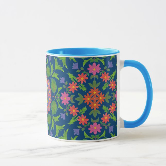 Chic floral Rangoli Deep Blue Ringer café Mug (Droite)