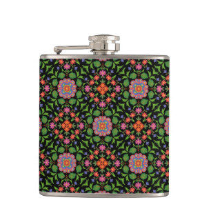 Chic Floral Rangoli Muster auf Schwarzer Hüftkolbe Flachmann