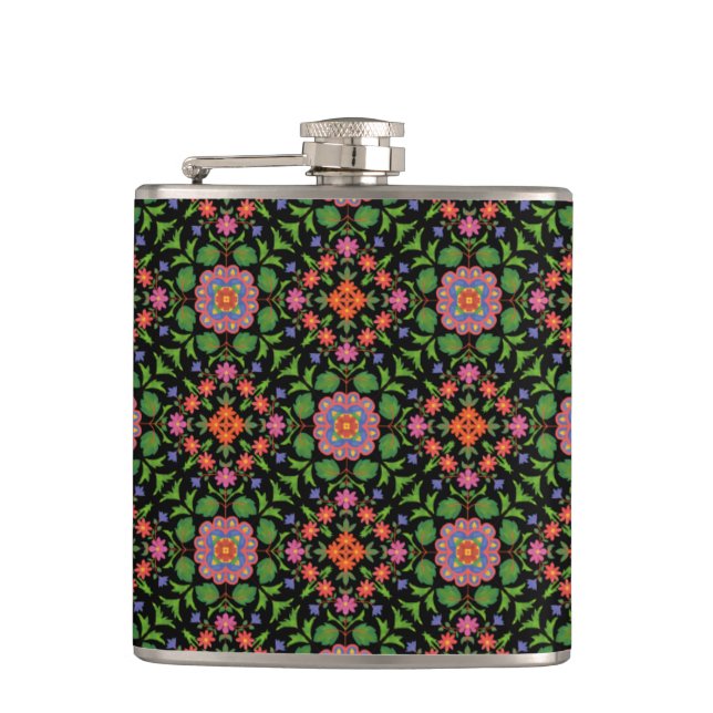 Chic Floral Rangoli Muster auf Schwarzer Hüftkolbe Flachmann (Vorderseite)