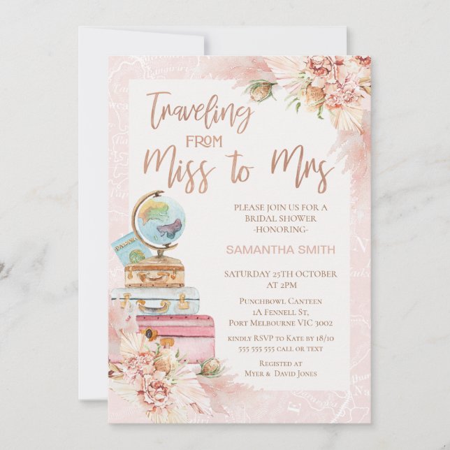 Chic Floral Reise Miss zu Mrs. Brautparty Einladung (Vorderseite)