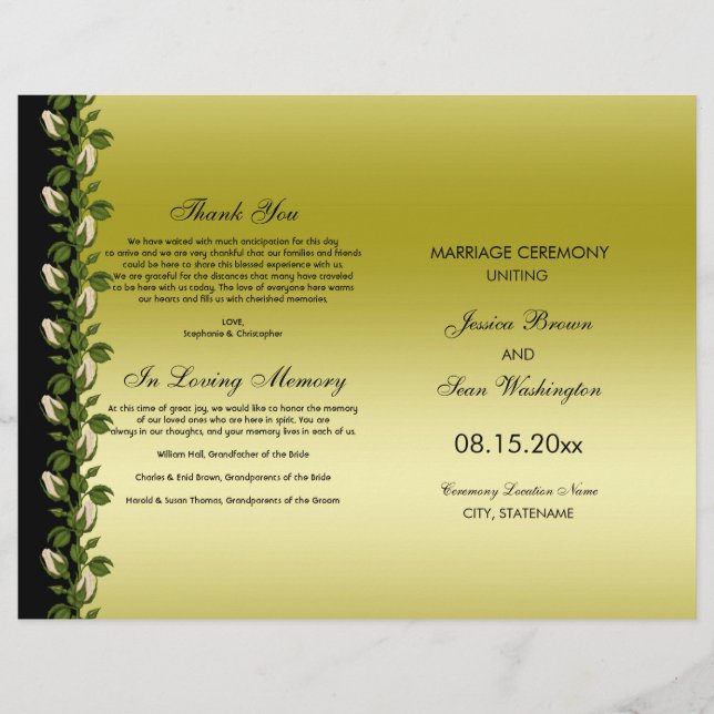 Chic Floral Romantic Gold & Black Wedding Programm (Vorderseite)