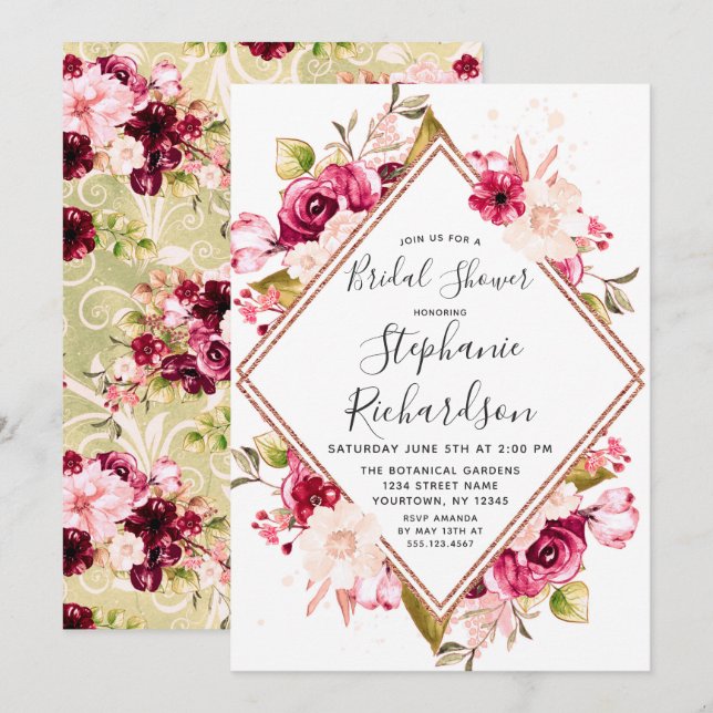 Chic Floral & Rose Gold Bridal Dusche Einladung (Vorne/Hinten)