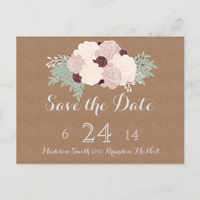 Chic Floral Save the Date - Dunkler Wein Akzent Ankündigungspostkarte (Vorderseite)