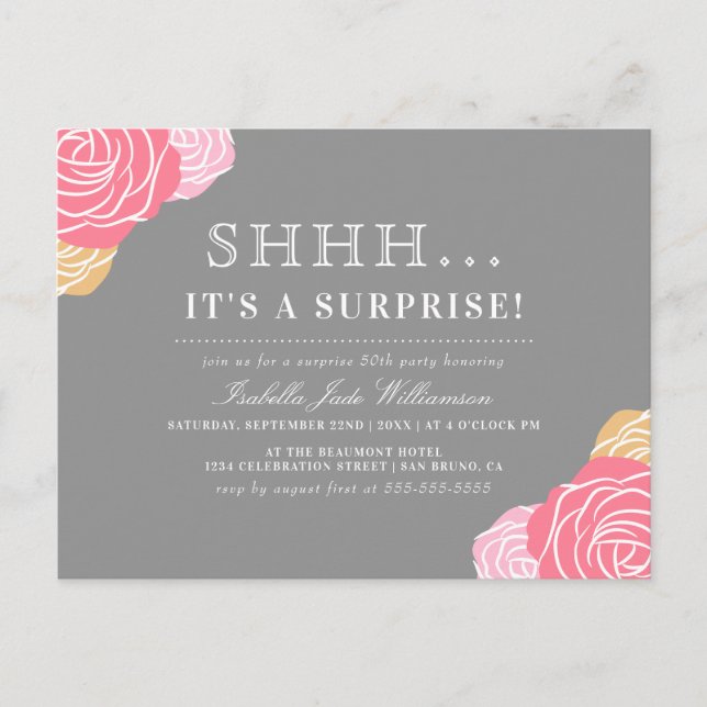 Chic Floral Shh... Es ist eine überraschende Gebur Einladungspostkarte (Vorderseite)