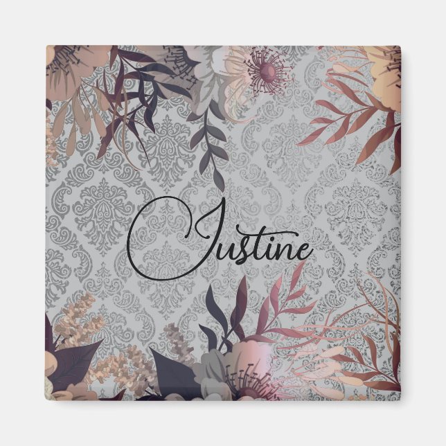 Chic Floral Silver Damask Personalisiert Magnet (Vorne)