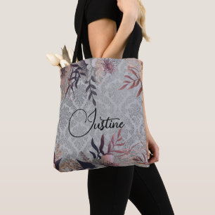 Chic Floral Silver Damask Personalisiert Tasche