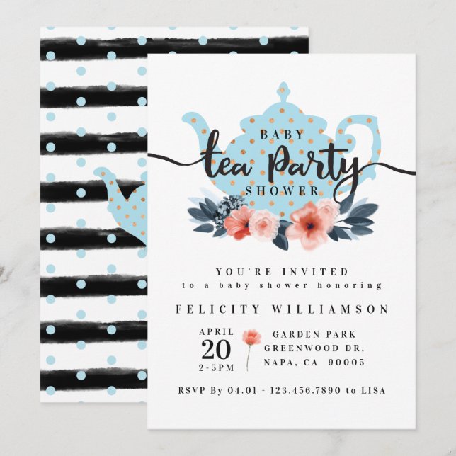 Chic Floral Tea Party Boy Baby Dusche Einladung (Vorne/Hinten)